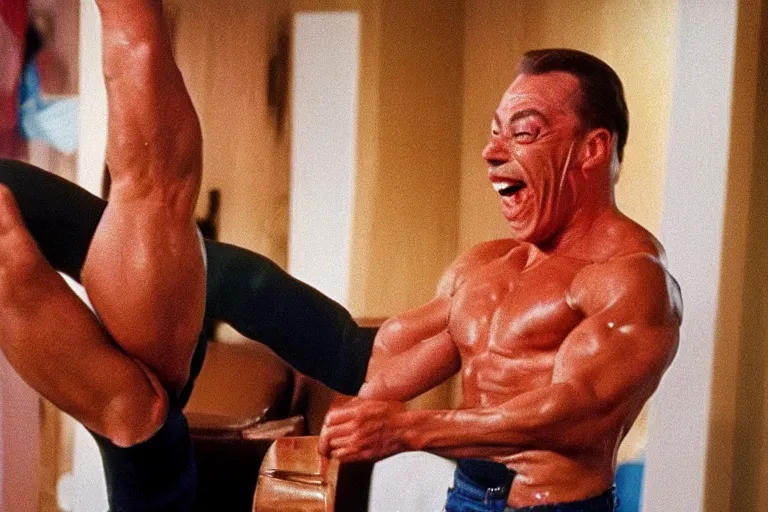 Prompt: hyperrealistic 1992 Jean Claude Vandamme doing the splits, laughing hysterically, doing the spilts with his legs going pointing two separate directions, between two chairs over a toilet, golden hour, smiling, award winning
