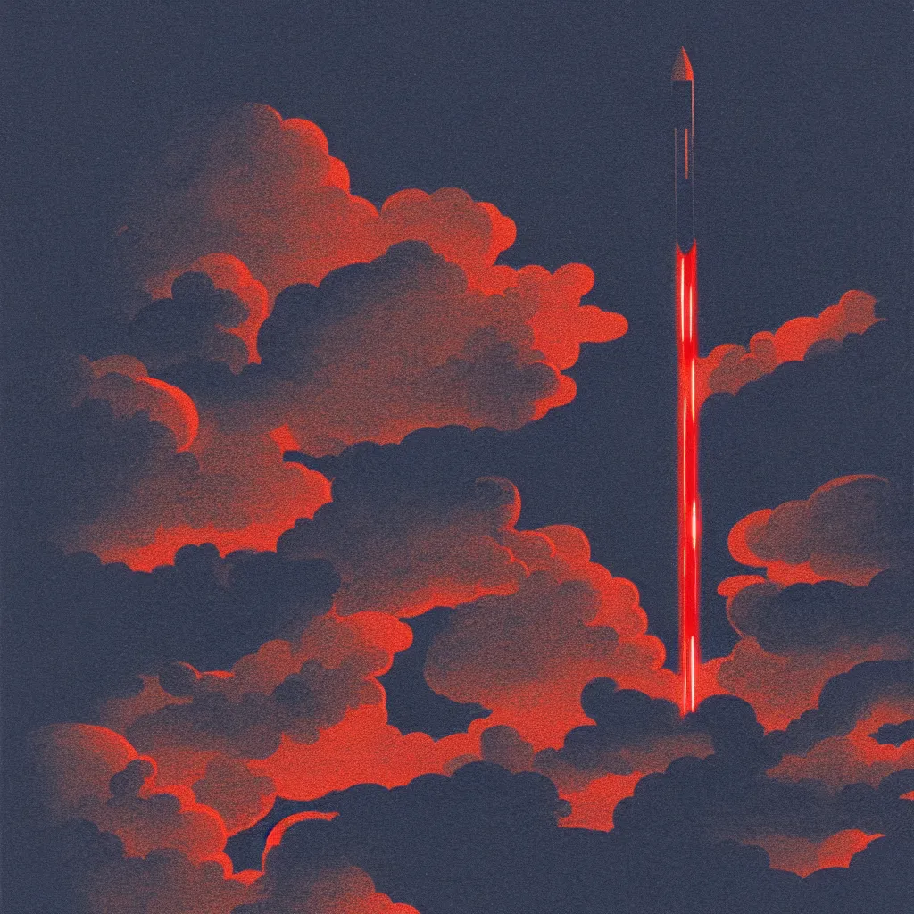 Image similar to rocket launch through clouds, mads berg, karolis strautniekas, film noir, stippled light, dramatic lighting, editorial illustration, detailed, fine texture, matte print, art deco, brutalism, dark blue + dark orange, red, black, ( ( habitat 6 7 background ) )