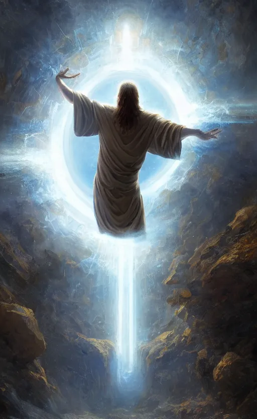 Prompt: jesus looking into a portal hopping and time warping with reckless abandon, the hand of God is reaching out, dramatic scene, masterpiece digital painting by Greg Rutkowski, Alex Grey, artstation, 4k wallpaper, pixar poster