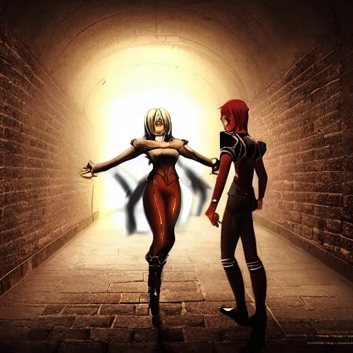 Image similar to a school boy being intimidated by a succubus in a leather suit, devi wings, cracked brick wall, long hallway, light at the end of the tunnel, volumetric lighting, concept art, detailed, dramatic lighting, by hayao miyazaki