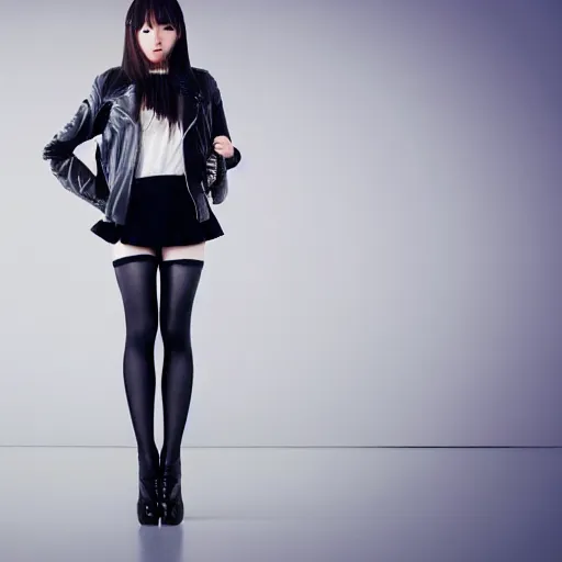 Image similar to a dynamic, epic cinematic 8K HD movie shot of a japanese young J-Pop idol girl wearing leather jacket, miniskirt, nylon tights and high heels boots. Motion, VFX, Inspirational arthouse