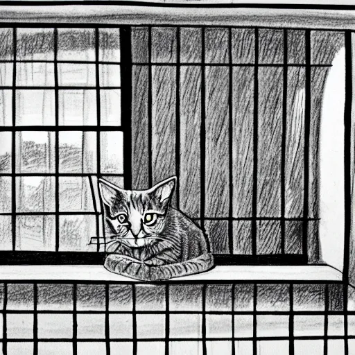 Image similar to a tabby cat named clarence laying on a table looking out the window, it is a sunny day, in the style of a hand drawn pencil sketch