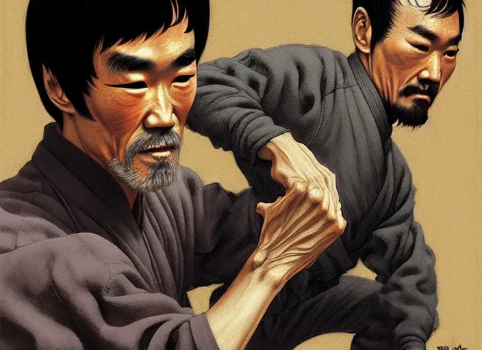 Prompt: portrait of bruce lee as an old man - kung fu master - art, by wlop, james jean, victo ngai! muted colors, very detailed, art fantasy by craig mullins, thomas kinkade cfg _ scale 8