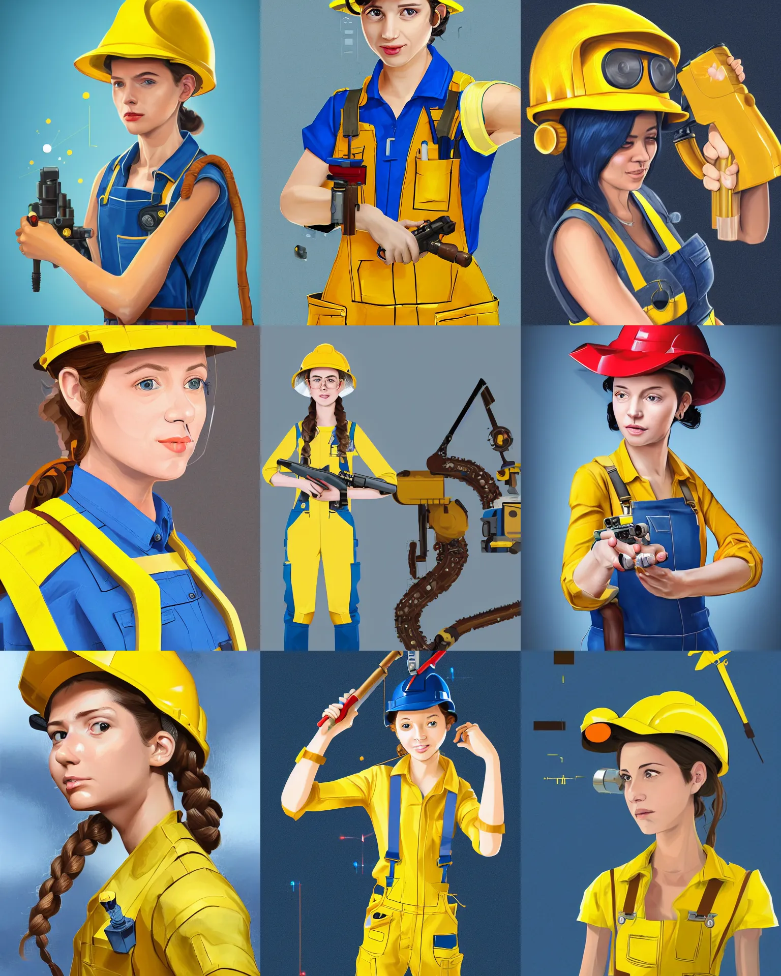 Prompt: Portrait of a girl engineer with yellow shirt and blue overalls and brown boots and red pigtailed hair and a yellow mechanic hat holding a brown elecrtic rifle and has a mechanical turret that shoots lasers, white polygonal dress, blue eyes, folded cuffed sleeves, intricate, elegant, highly detailed, digital painting, artstation, concept art, smooth, sharp focus, illustration, art by artgerm and greg rutkowski and alphonse mucha