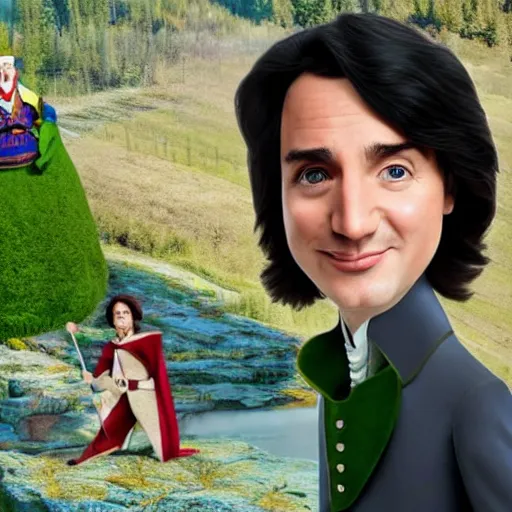 Image similar to justin trudeau as lord farquad, movie still