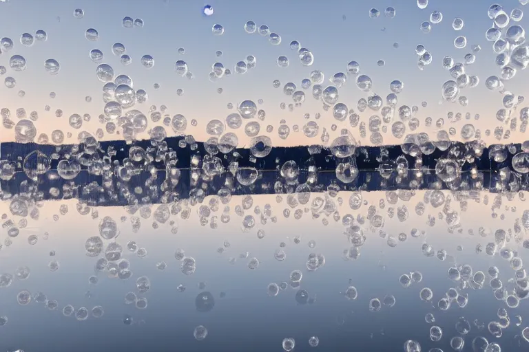 Image similar to a building formed by many white spherical bubbles arranged and combined in space, on the calm lake, people's perspective modern curved architecture, future, award winning, highly detailed 4 k art, dusk, by kazuyo sejima