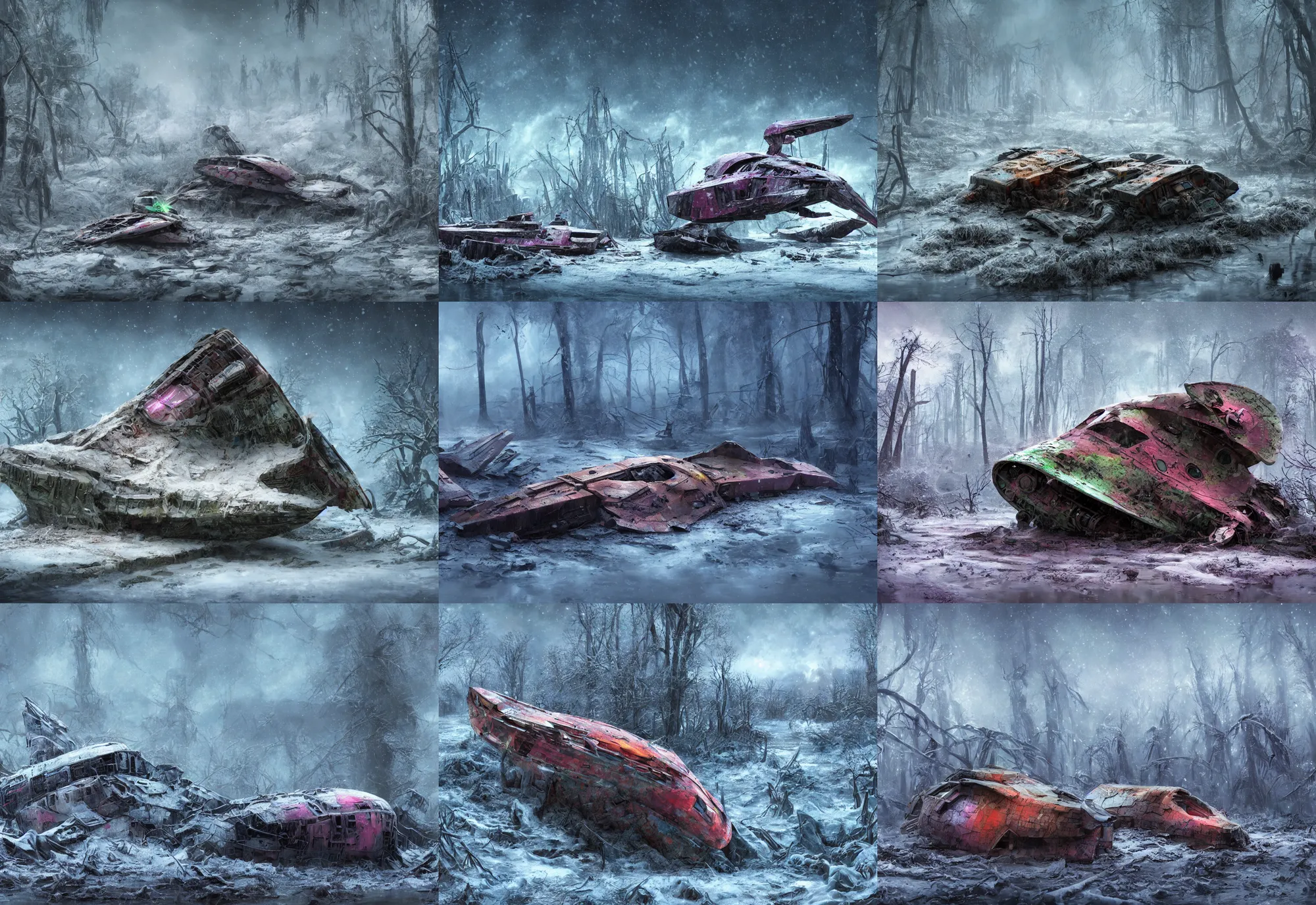 Prompt: matte painting of a crashed very colorful cute alien scout ship covered in snow in a extremely muddy watery swamp, dystopian world, 4 k