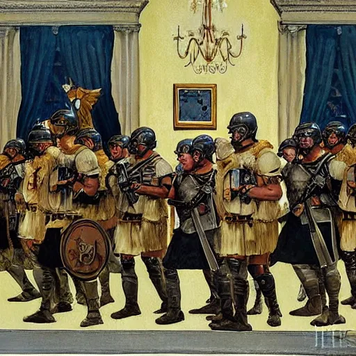 Image similar to an army of roman soldiers raids the White House, painting, stylized, by Norman Rockwell