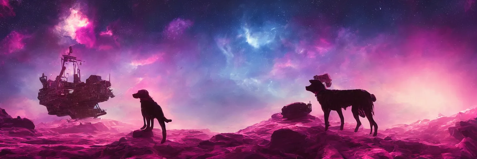 Image similar to space, hyperdetailed illustration, portrait big dark dog, mohawk, stars, pink, neon, oil painting, rich deep colors masterpiece, pirate neon ship, ultra detailed, contrast, heaven pink, clouds, volumetric light, atmospheric lighting, dramatic, cinematic, moody, octane render 4 k, 8 k