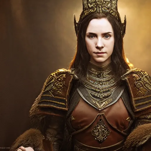 Image similar to the elder scrolls vi, charismatic regal brunette female jarl, portrait, throne room, atmospheric lighting, painted, intricate, volumetric lighting, beautiful, daytime, sunny weather, slight overcast, sharp focus, deep colours, ultra detailed, by leesha hannigan, ross tran, thierry doizon, kai carpenter, ignacio fernandez rios