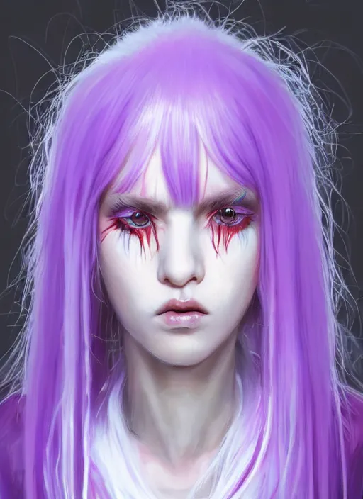 Prompt: hair whitebangs hair, white cyberlox, portrait of normal teenage girl, normal face, black bangs, messy bangs, fluffy bangs, cyberlox, whitebangs, red contact lenses, purple background, intricate, elegant, highly detailed, digital painting, artstation, concept art, sharp focus, smooth, illustration, art by wlop, mars ravelo and greg rutkowski