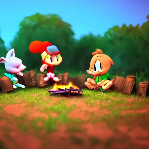 Prompt: tiny toons in real life sitting around a campfire telling stories, photographic, 3D, IE5, photorealistic, ultrarealistic, hyper realistic, drum scanner, dark vignette, burning embers, nostalgic, muted colors, slightly drunk, candy rush