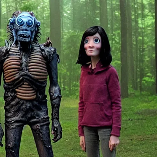 Image similar to a still of from the movie coraline crossover with the movie predator