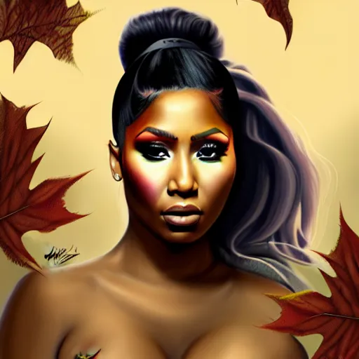 Image similar to nicki minaj clothed in leaves digital painting, photorealistic, in the style of greg rutkowski, full body, detailed face