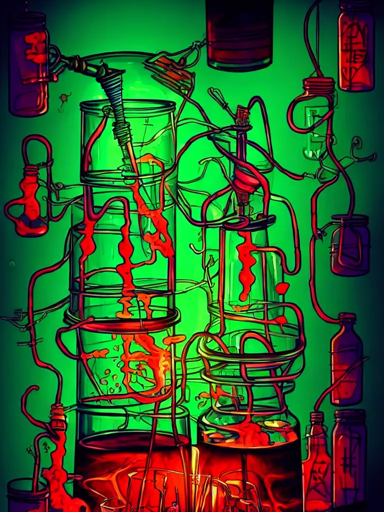 Prompt: Vibrant Colorful Horror Illustration of a Mad Scientist Experiment Poisonous Laboratory. Glowing , Spooky lighting , Pinterest