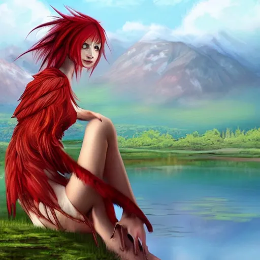 Prompt: Harpy, young woman, red feathered wings, wearing Inka clothes, sad expression, sitting at a pond, mountainous area, trees in the background, trending on artstation