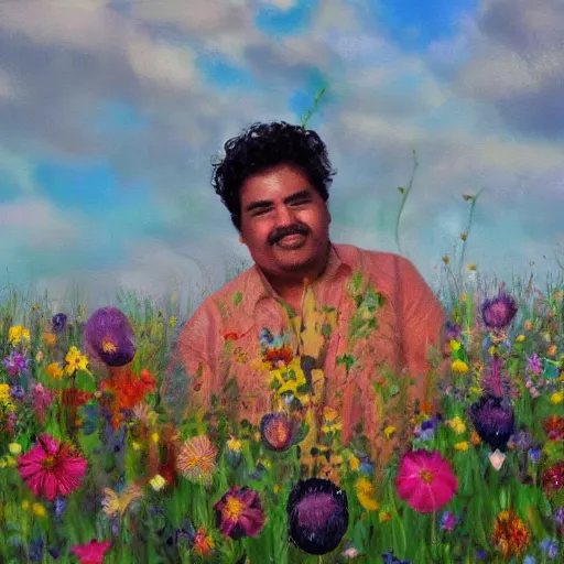 Prompt: Guillermo Francella in a field full of flowers, photo realistic