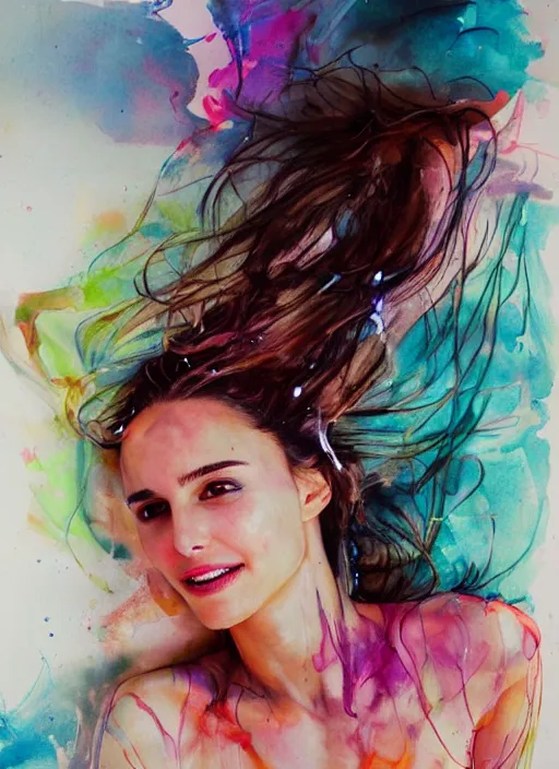 Prompt: sexy seducing smile nathalie portman sunbathing by agnes cecile, half body portrait, extremely luminous bright design, pastel colours, ink drips, autumn lights