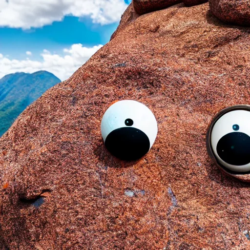 Image similar to Photograph of two rocks with a pair googly eyes at edge of a mountain in a savana