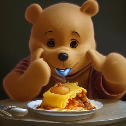 Image similar to winnie the pooh eating lasagne, extreme close up cute dystopian award winning photography, extremely detailed, artstation, 8 k, sensual lighting, incredible art, wlop, artgerm