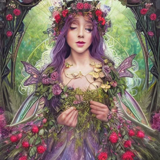 Image similar to Beautiful garden witch goddess, ornate fairy crown, california girl, wearing a flowing dress, lots of flowers, symmetrical face, art nouveau, portrait, cute, playful, fairy, harper's bazaar, pearlescent, sacred geometry, detailed background, featured on artstation, by Daniel Gerhartz, by ross tran, bright pastel colors, face by artgerm, by Kelly McKernan, by Charlie Bowater, by Laura rubin, 8k