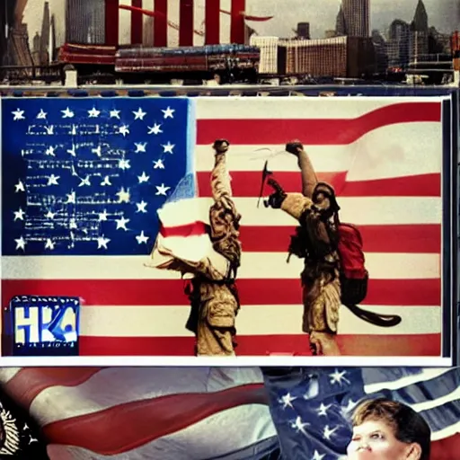 Image similar to nostalgia for 9/11, 4k, award-winning, dark, ultra HD, patriotic, america. in the style of norman rockwell