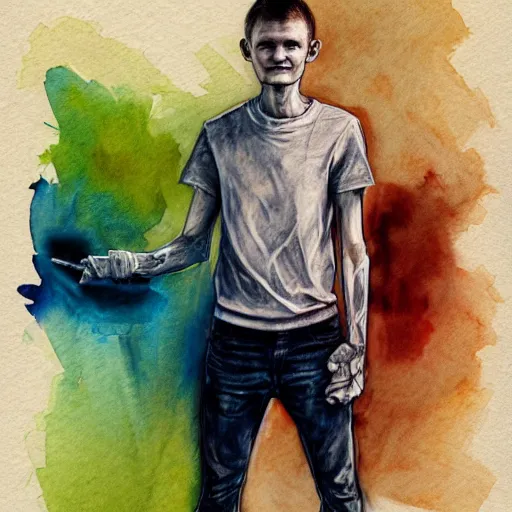 Image similar to full body sketch of vitalik buterin, perfect anatomy, full body, watercolor background, pencil art, ink and pencil, hyperrealistic, hyperdetailled, digital art, greg rutkowski, artstation, 8 k, beautiful drawing, paper texture, spray paint, watercolors