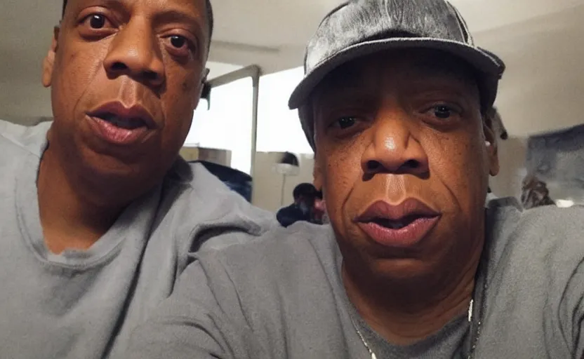 Prompt: my uncle look like Jay-Z if he was poor asf lmao, close-up, one person in frame, portrait, uncomfortable, funny, phone quality, camera flash on, viral photo, viral on instagram, viral on Twitter