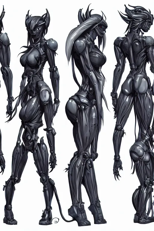 Prompt: very symmetrical!! video game assets, mecha succubus with gunmetal grey skin, medical muscle anatomy, cyberpunk face, highly detailed, anime mecha aesthetic, hydraulic implants, three - view reference sheet ( front / back / side ), in the style of dan ouellette, dren from splice, artstation, unreal engine