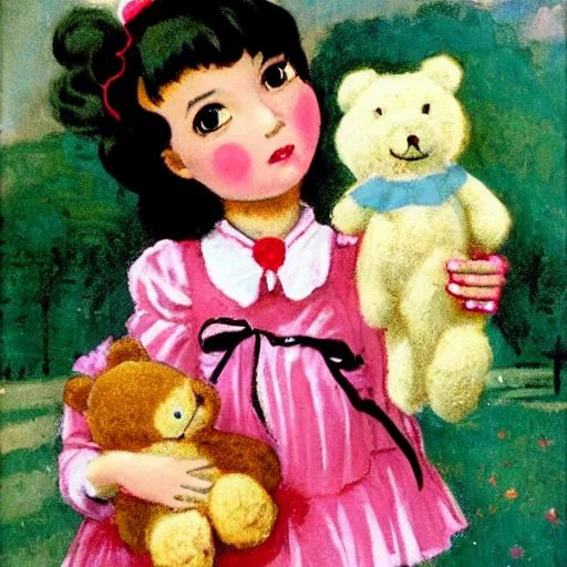 Prompt: magical lolita girl holding a teddy bear doll in the style of gifford beal