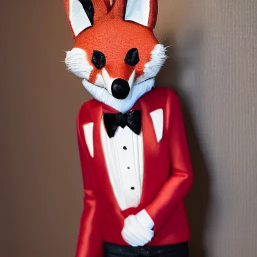 Prompt: realistic ballroom photo of an anthropomorphic fox in a dark red tuxedo