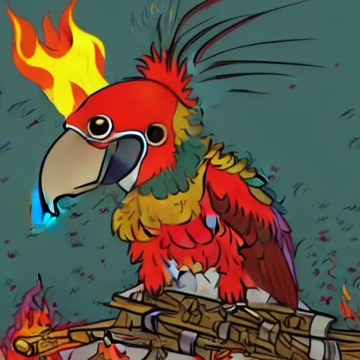 Prompt: parrot burning alive, huge fire, cartoon blood dripping