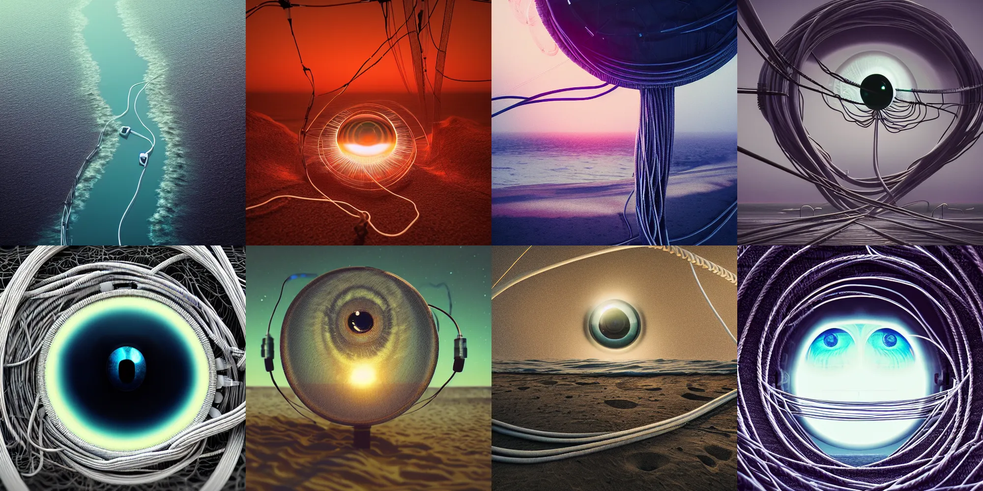 Prompt: beautiful dark beach landscape, giant highly detailed eyeball, cables and wires, beeple and Mike Winkelmann, intricate, epic lighting, cinematic composition, hyper realistic, 8k resolution,