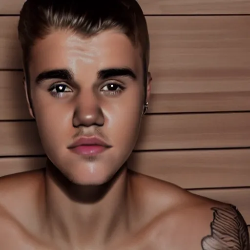 Prompt: high-resolution photograph of Justin Bieber in a sauna with dark hairy chest