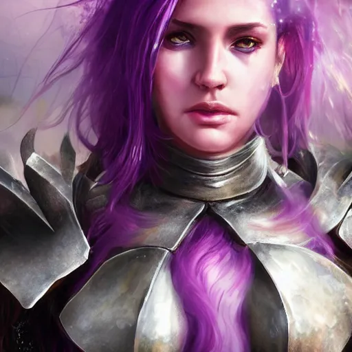 Image similar to extreme close up portrait of a beautiful woman in mechanical amethyst armor, female, flowing purple hair tied in pleats, intense stare, stoic, concept art, intricate detail, volumetric shadows and lighting, realistic oil painting magic the gathering style, destiny, sci - fi,