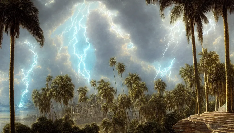 Image similar to a ultradetailed beautiful painting of the thundertorm sky of amazonas palace balustrade designed by gustave dore, derek zabrocki, greg rutkowski, belsinski, beach, trending on artstation, mediterranean, palm trees, sharp focus, colorful refracted sparkles and lines, soft light, 8 k 4 k