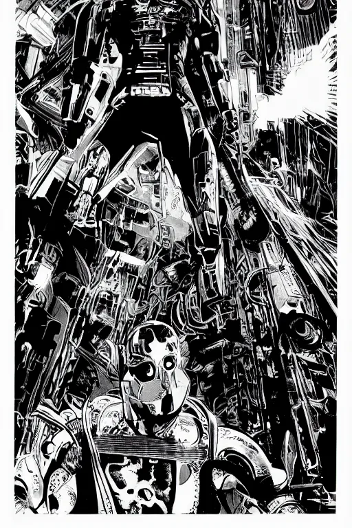 Prompt: ultron, a page from cyberpunk 2 0 2 0, style of paolo parente, style of mike jackson, 1 9 9 0 s comic book style, white background, ink drawing, black and white