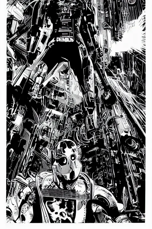 Image similar to ultron, a page from cyberpunk 2 0 2 0, style of paolo parente, style of mike jackson, 1 9 9 0 s comic book style, white background, ink drawing, black and white