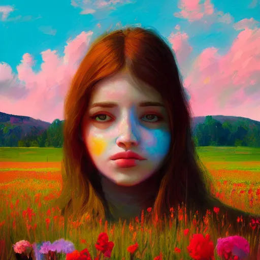 Image similar to girl with a flower face, surreal portrait, bizzare, dreamlike, standing in flower field, in a valley, sunrise dramatic light, impressionist painting, colorful clouds, artstation, simon stalenhag