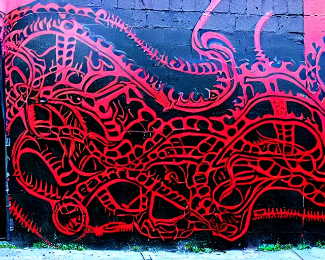 Image similar to a wall that has some lovecraftian graffiti on it inspired by wretched dragon rib cage. red and black colors.