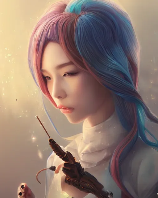 Prompt: kind cyborg girl with chocolate, elegant, scifi, futuristic, utopia, garden, colorful, long white hair, unique, vibrant, dreamy, lee ji - eun, illustration, atmosphere, top lighting, blue eyes, focused, artstation, highly detailed, art by yuhong ding and chengwei pan and serafleur and ina wong