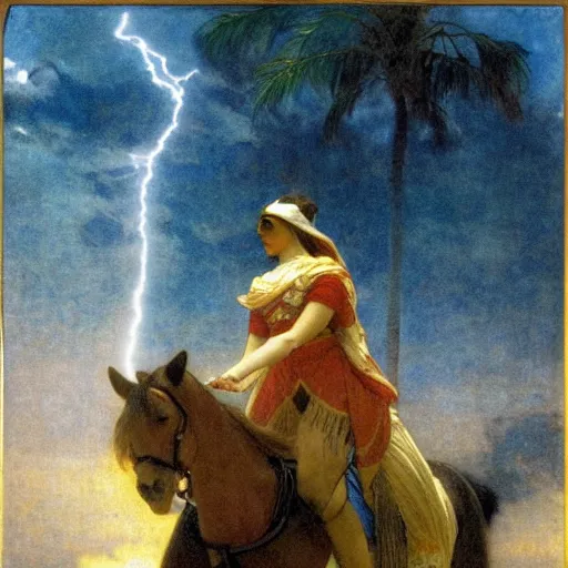 Image similar to Girl riding a horse leaving the palace through the bridge, thunderstorm, pool, beach and palm trees on the background major arcana sky, by paul delaroche, alphonse mucha and arnold böcklin arnold böcklin hyperrealistic 8k, very detailed