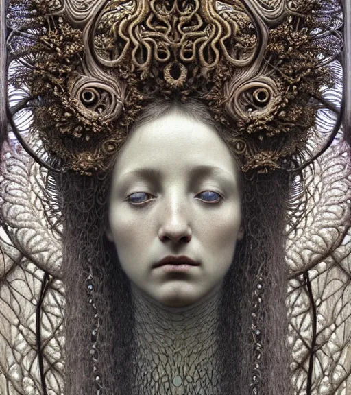 Prompt: detailed realistic beautiful horn goddess face portrait by jean delville, gustave dore, iris van herpen and marco mazzoni, art forms of nature by ernst haeckel, art nouveau, symbolist, visionary, gothic, neo - gothic, pre - raphaelite, fractal lace, intricate alien botanicals, biodiversity, surreality, hyperdetailed ultrasharp octane render