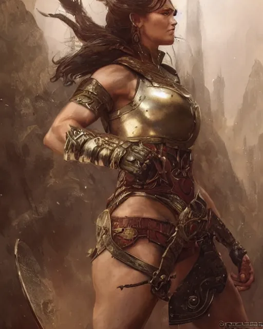 Image similar to a fierce and muscular warrior princess in full armor, fantasy character portrait by greg rutkowski, gaston bussiere, craig mullins