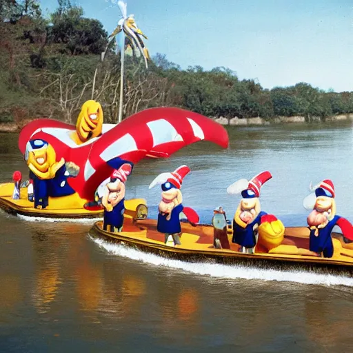 Image similar to donald dwarfs carrying a large party sub across a river,