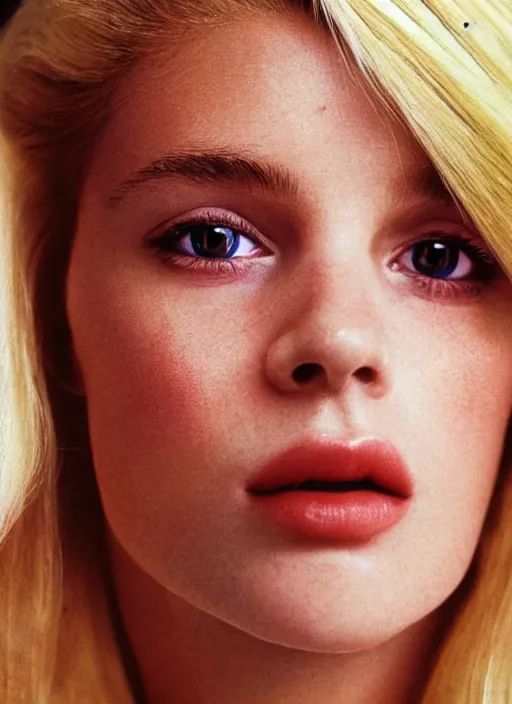 Image similar to kodak portra 400, photographic extreme close-up face of a beautiful woman with blond hair , photographed by Mario Testino , high quality, complementary colors .