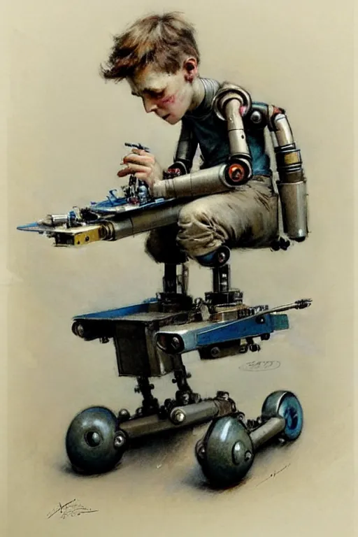 Image similar to (((((1950s a boy working on his robot . muted colors.))))) by Jean-Baptiste Monge !!!!!!!!!!!!!!!!!!!!!!!!!!!