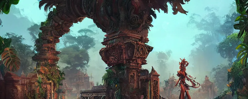 Prompt: a beautiful detailed concept art of ancient ornamental gate in the middle of tropical jungle cinematic landscape by alejandro burdisio, by greg tocchini, by james gilleard, by joe gb fenton, by kaethe butcher, dynamic lighting, vibrant, clean, grunge aesthetic, octane render, artstation