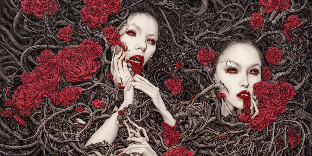 Prompt: breathtaking detailed concept art painting of a woman with black snakes crawling in her mouth, blood tears, flowers, death, twisted thorns and worms, centipedes, rats, dead flowers, by James jean, takato yamamoto, extremely moody lighting, 8K