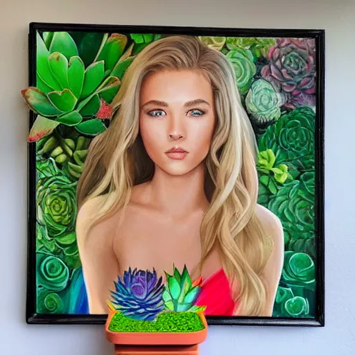 Image similar to painting by Artgerm of a beautiful blonde woman with shoulder length hair in a forest green dress putting colorful succulents into rainbow pots at a square table